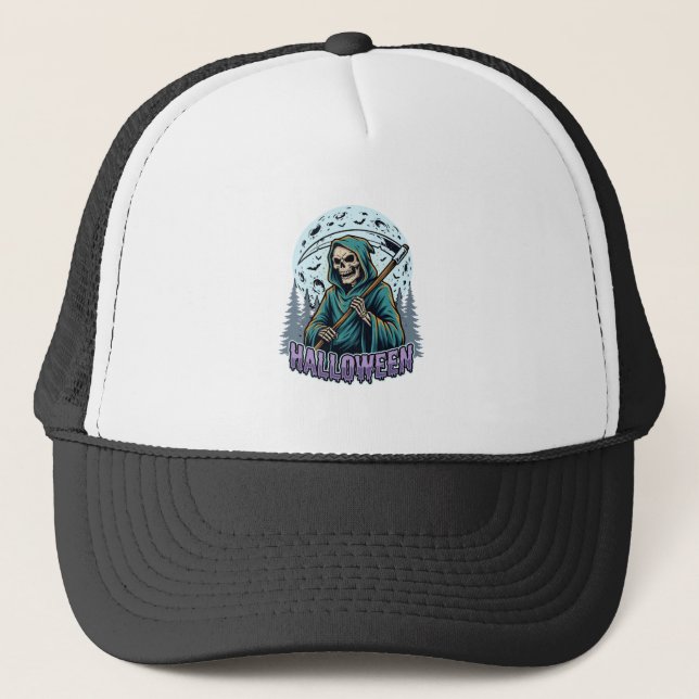 Halloween Grim Reaper Moonlight Vector Trucker Hat (Front)