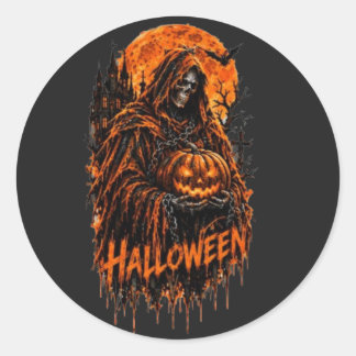 Halloween Grim Reaper Pumpkin Gothic Spooky Design Classic Round Sticker