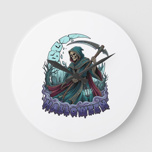 Halloween Grim Reaper Scythe Lantern Broken Moon_1 Large Clock (Front)