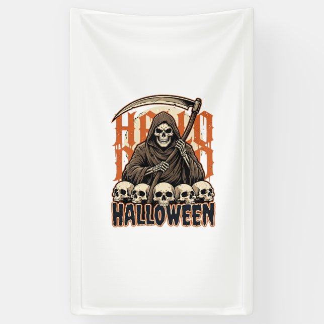 Halloween Grim Reaper Skull Pile Vector Banner (Vertical)