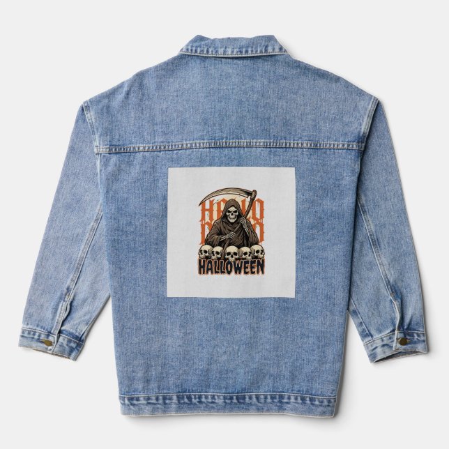 Halloween Grim Reaper Skull Pile Vector Denim Jacket (Back)