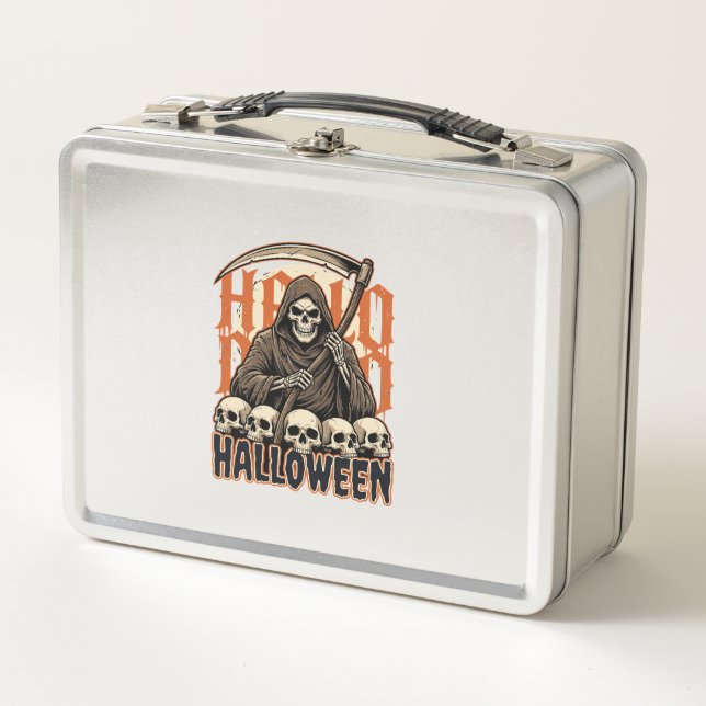 Halloween Grim Reaper Skull Pile Vector Metal Lunch Box (Front)