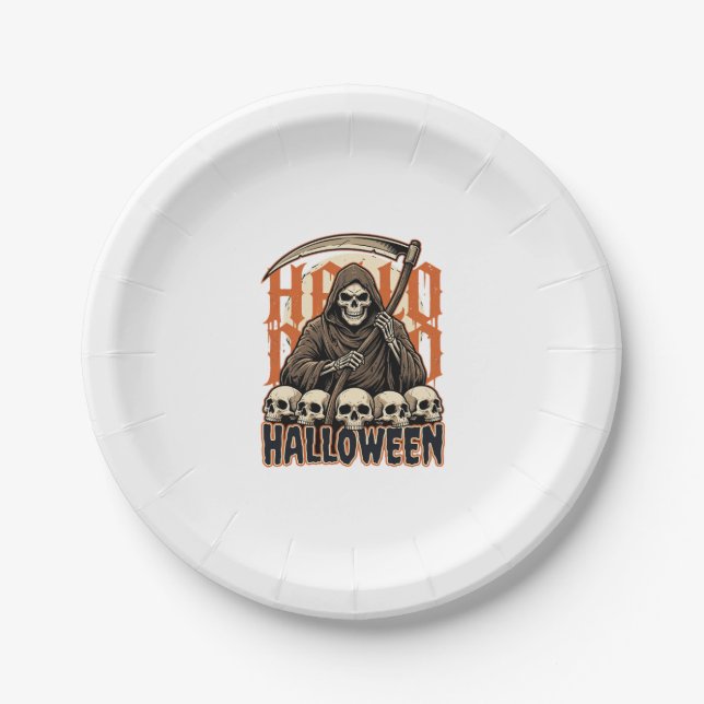 Halloween Grim Reaper Skull Pile Vector Paper Plate (Front)