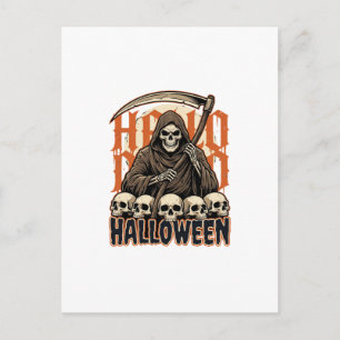 Halloween Grim Reaper Skull Pile Vector Postcard