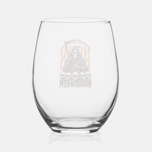 Halloween Grim Reaper Skull Pile Vector Stemless Wine Glass (Front)