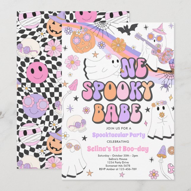 Halloween Groovy Cute Ghost 1st Birthday Party Invitation (Front/Back)