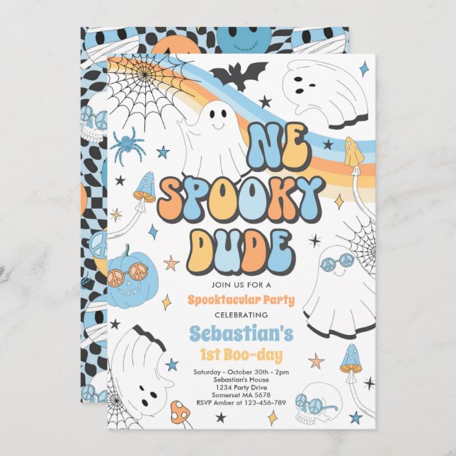 Halloween Groovy Cute Ghost 1st Birthday Party Invitation (Front/Back)