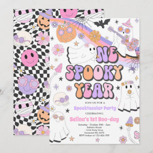 Halloween Groovy Cute Ghost 1st Birthday Party Invitation