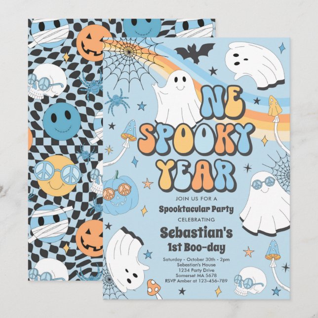 Halloween Groovy Cute Ghost 1st Birthday Party Invitation (Front/Back)