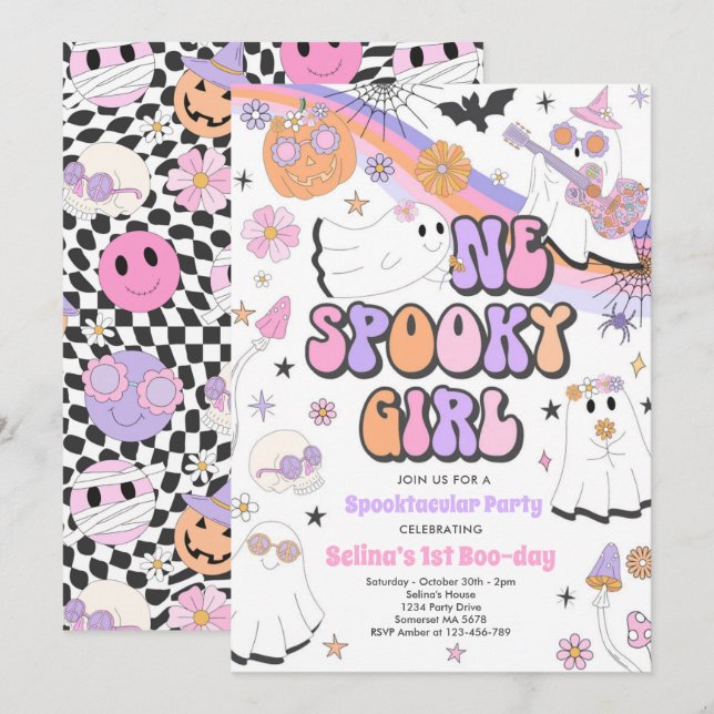 Halloween Groovy Cute Ghost 1st Birthday Party Invitation (Front/Back)