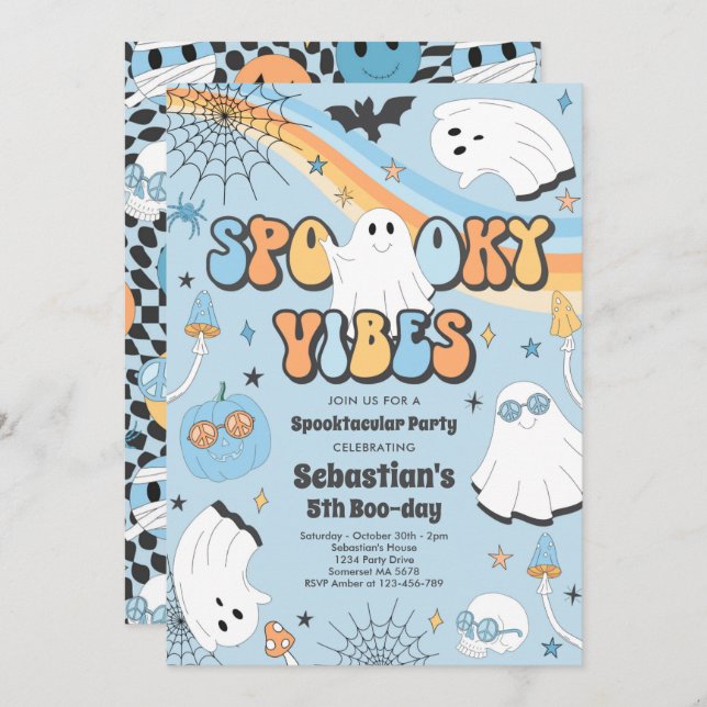 Halloween Groovy Cute Ghost Spooky Vibes Birthday Invitation (Front/Back)