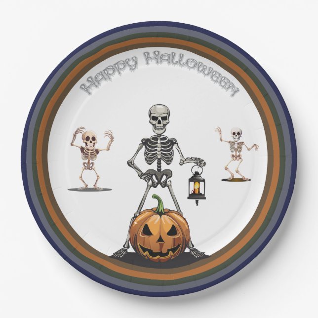Halloween Group Of Party Skeletons Paper Plate (Front)