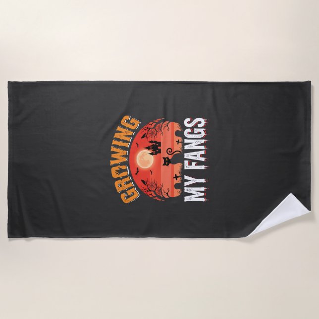 Halloween Growing My Fangs Haunted Cat Beach Towel (Front)