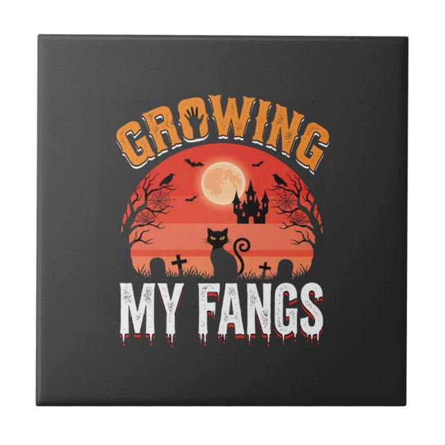 Halloween Growing My Fangs Haunted Cat Tile (Front)