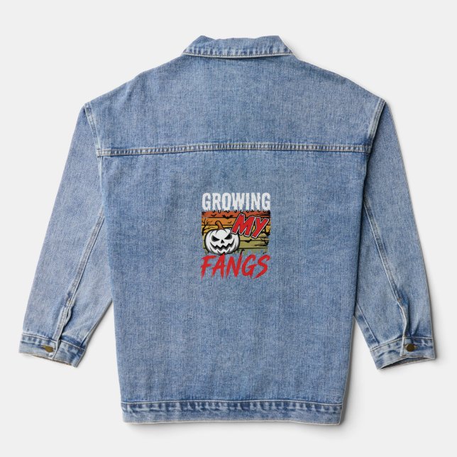 Halloween Growing My Fangs Vampire Pumpkin Denim Jacket (Back)