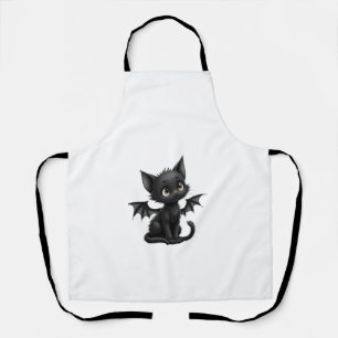 Halloween Grumpy Black Kitten In Bat Costume Apron