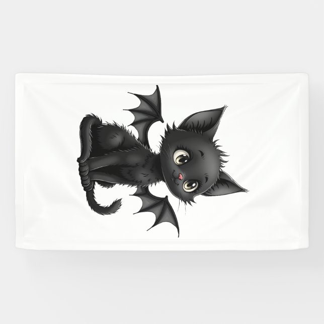 Halloween Grumpy Black Kitten In Bat Costume Banner (Horizontal)