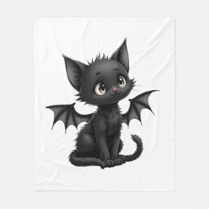 Halloween Grumpy Black Kitten In Bat Costume Fleece Blanket