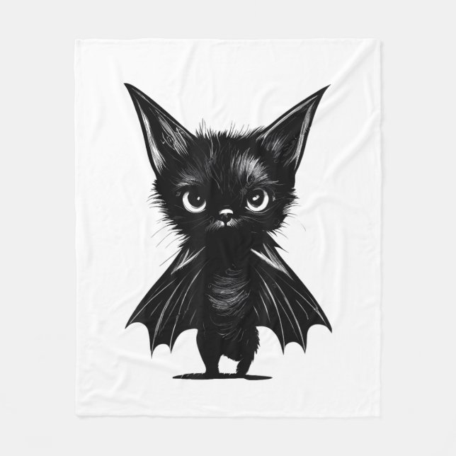 Halloween Grumpy Black Kitten In Bat Costume Fleece Blanket (Front)