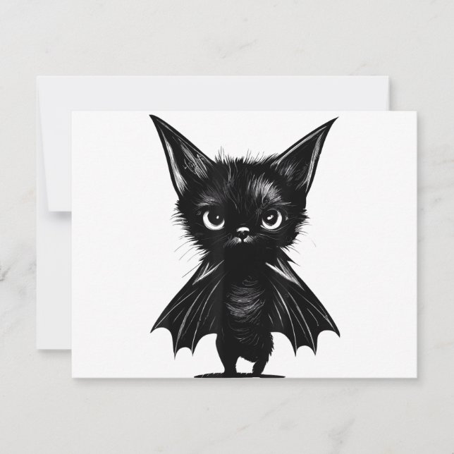 Halloween Grumpy Black Kitten In Bat Costume Holiday Card (Front)