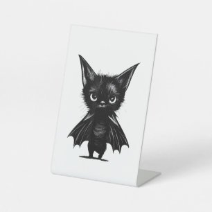 Halloween Grumpy Black Kitten In Bat Costume Pedestal Sign