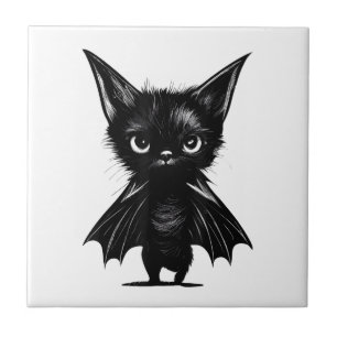 Halloween Grumpy Black Kitten In Bat Costume Tile