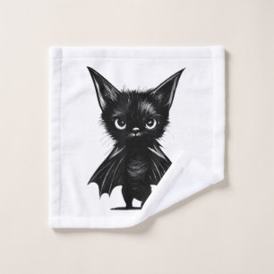 Halloween Grumpy Black Kitten In Bat Costume Wash Cloth