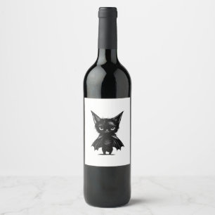 Halloween Grumpy Black Kitten In Bat CostumeHallow Wine Label