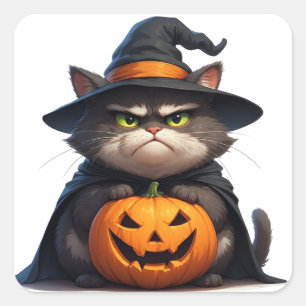 Halloween Grumpy Cat Holding Pumpkin Lantern 🎃 Square Sticker