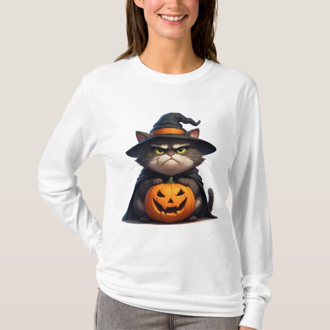 Halloween Grumpy Cat Holding Pumpkin Lantern 🎃 T-Shirt (Front)