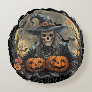 Halloween,Guardian of the Pumpkins, Skull Pumpkins Round Cushion