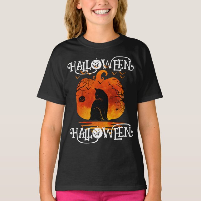  HALLOWEEN HALLOWEEN CAT BLACK PUMPKIN T-Shirt (Front)