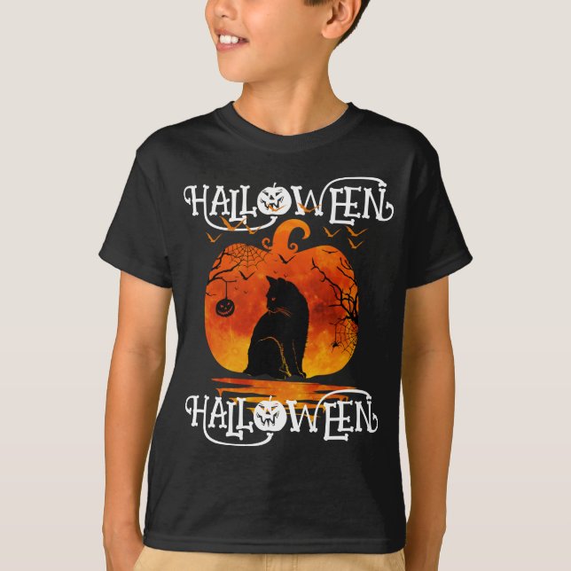  HALLOWEEN HALLOWEEN CAT BLACK PUMPKIN T-Shirt (Front)