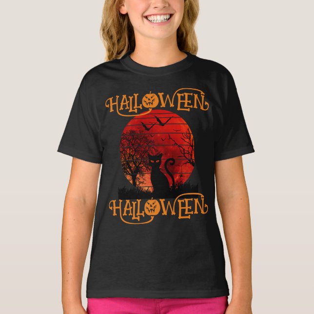  HALLOWEEN HALLOWEEN CAT BLACK SCARY BATS T-Shirt (Front)