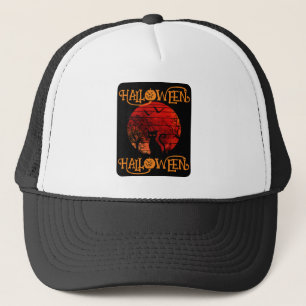 HALLOWEEN HALLOWEEN CAT BLACK SCARY BATS TRUCKER HAT
