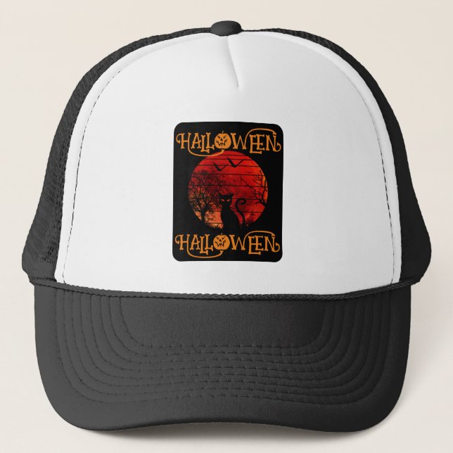  HALLOWEEN HALLOWEEN CAT BLACK SCARY BATS TRUCKER HAT (Front)