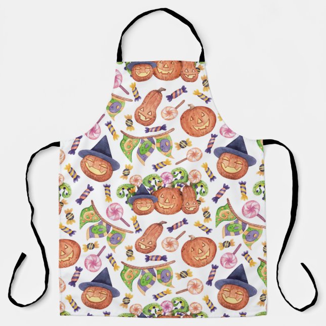 Halloween Hand-Drawn: Bright Watercolor Pattern Apron (Front)
