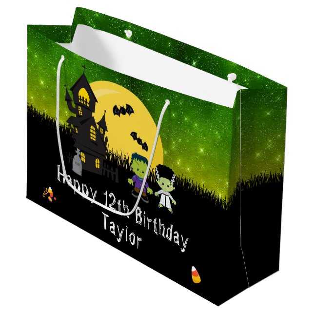 Halloween Happy Birthday Monsters Dark Green Large Gift Bag (Front Angled)