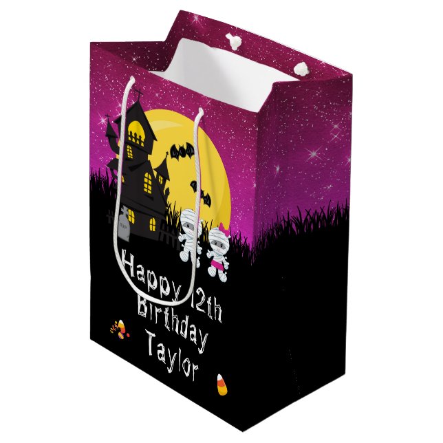Halloween Happy Birthday Mummy Pink Medium Gift Bag (Front Angled)