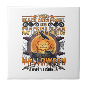 Halloween Happy Fishing Black Cats Pumpkins Crow A Tile