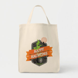 Halloween Happy Haunting with Witch on Broom Tote Bag