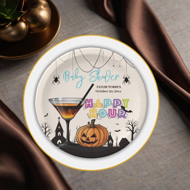 Halloween Happy Hour Pumpkin Cocktail Baby Shower Paper Plate (Creator Uploaded)