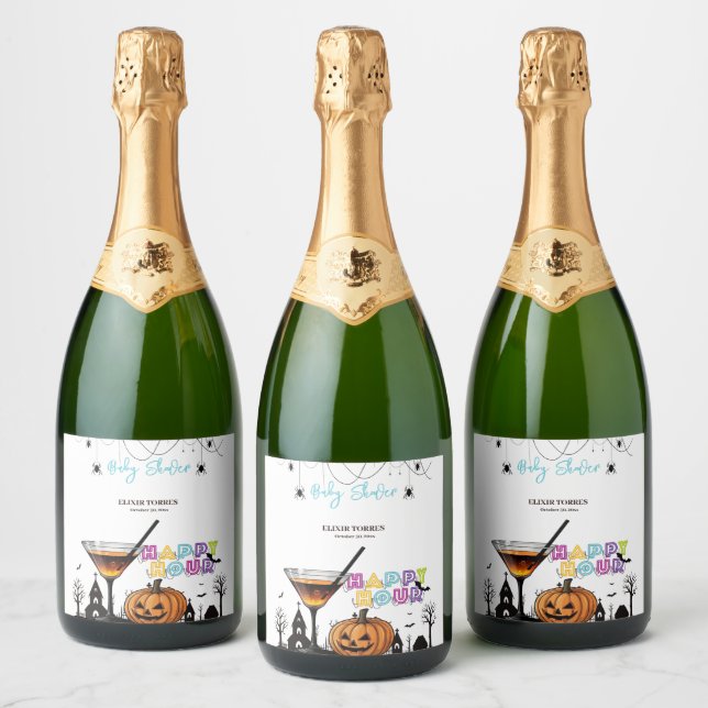 Halloween Happy Hour Pumpkin Cocktail Baby Shower Sparkling Wine Label (Bottles)