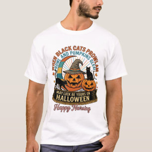 Halloween Happy Nursing Black Cats Pumpkins Witch  T-Shirt