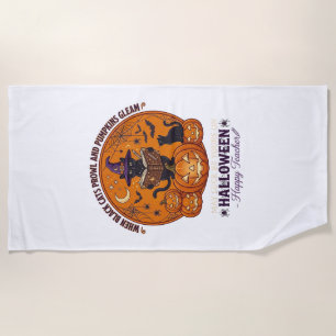 Halloween Happy Teacher Black Cat Witch Hat Pumpki Beach Towel