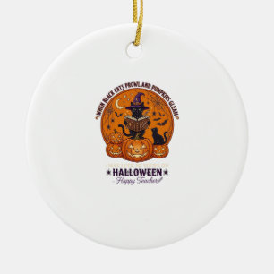 Halloween Happy Teacher Black Cat Witch Hat Pumpki Ceramic Tree Decoration