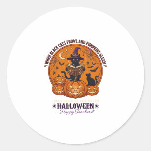 Halloween Happy Teacher Black Cat Witch Hat Pumpki Classic Round Sticker