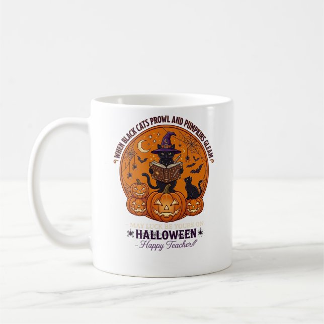 Halloween Happy Teacher Black Cat Witch Hat Pumpki Coffee Mug (Left)