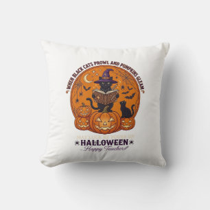 Halloween Happy Teacher Black Cat Witch Hat Pumpki Cushion