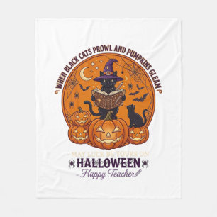 Halloween Happy Teacher Black Cat Witch Hat Pumpki Fleece Blanket